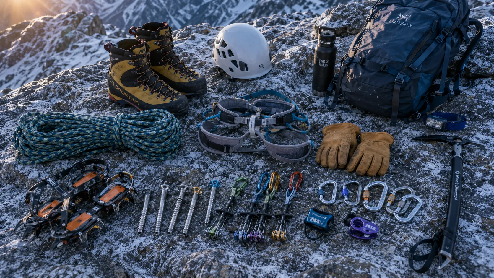 Equipamento de alpinismo organizado sobre rocha